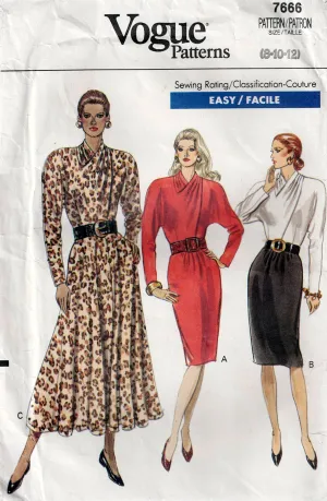 Vogue 7666 Womens Dress with Tucked Neckline 1980s Vintage Sewing Pattern Size 8 - 12 UNCUT Factory Folded