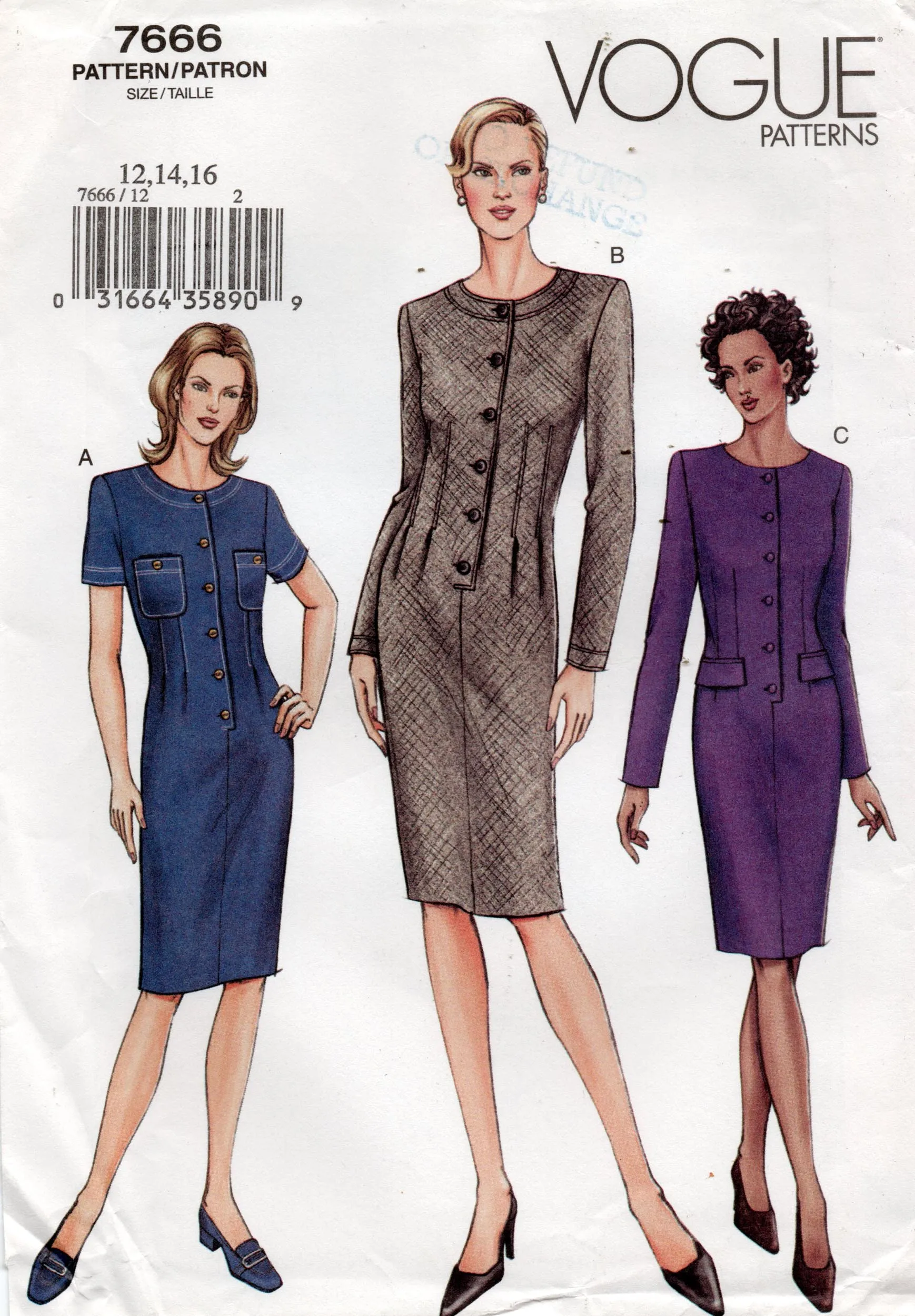 Vogue 7666 Womens Dress with Tucked Waist Out Of Print Sewing Pattern Size 12 - 16 UNCUT Factory Folded