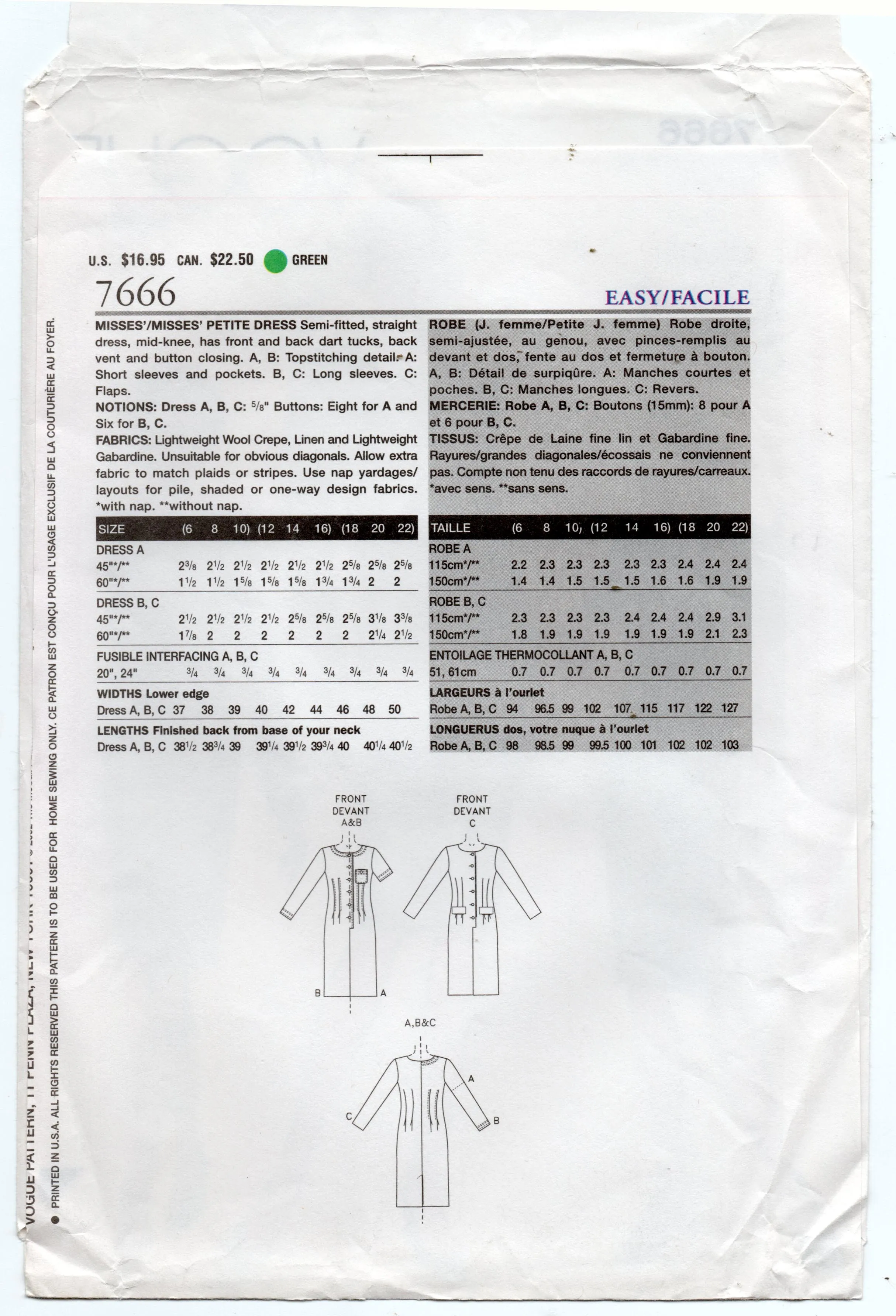 Vogue 7666 Womens Dress with Tucked Waist Out Of Print Sewing Pattern Size 12 - 16 UNCUT Factory Folded
