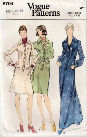 Vogue 8704 Womens Wide Collar Shirtdress with Welt Pockets 1970s Vintage Sewing Pattern Size 16 Bust 38 inches UNCUT Factory Folded