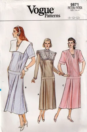 Vogue 9871 Womens Dropped Waist Dress with Side Pleats 1980s Vintage Sewing Pattern Size 8 - 12 UNCUT Factory Folded