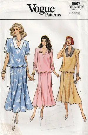 Vogue 9907 Womens Pullover Blouson Dress 1980s Vintage Sewing Pattern Size 8 - 12 UNCUT Factory Folded