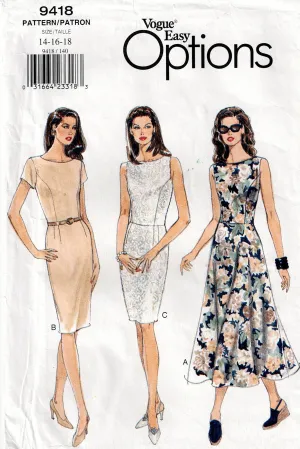 Vogue Easy Options 9418 Womens Princess Bodice Dress with Slim or Flared Skirt 1990s Vintage Sewing Pattern Size 14 - 18 UNCUT Factory Folded