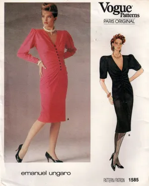 Vogue Paris Original 1585 EMANUEL UNGARO Womens Side Ruched Evening Sheath Dress 1980s Vintage Sewing Pattern Size 16 Bust 38 Inches UNCUT Factory Folded