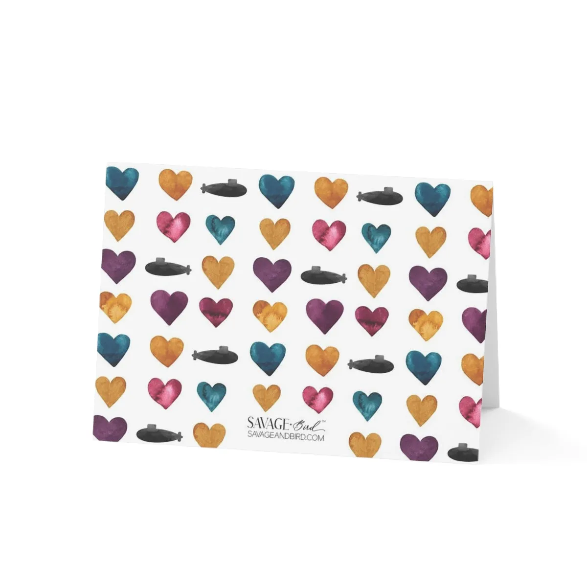 Watercolor Hearts and Submarines Greeting Card