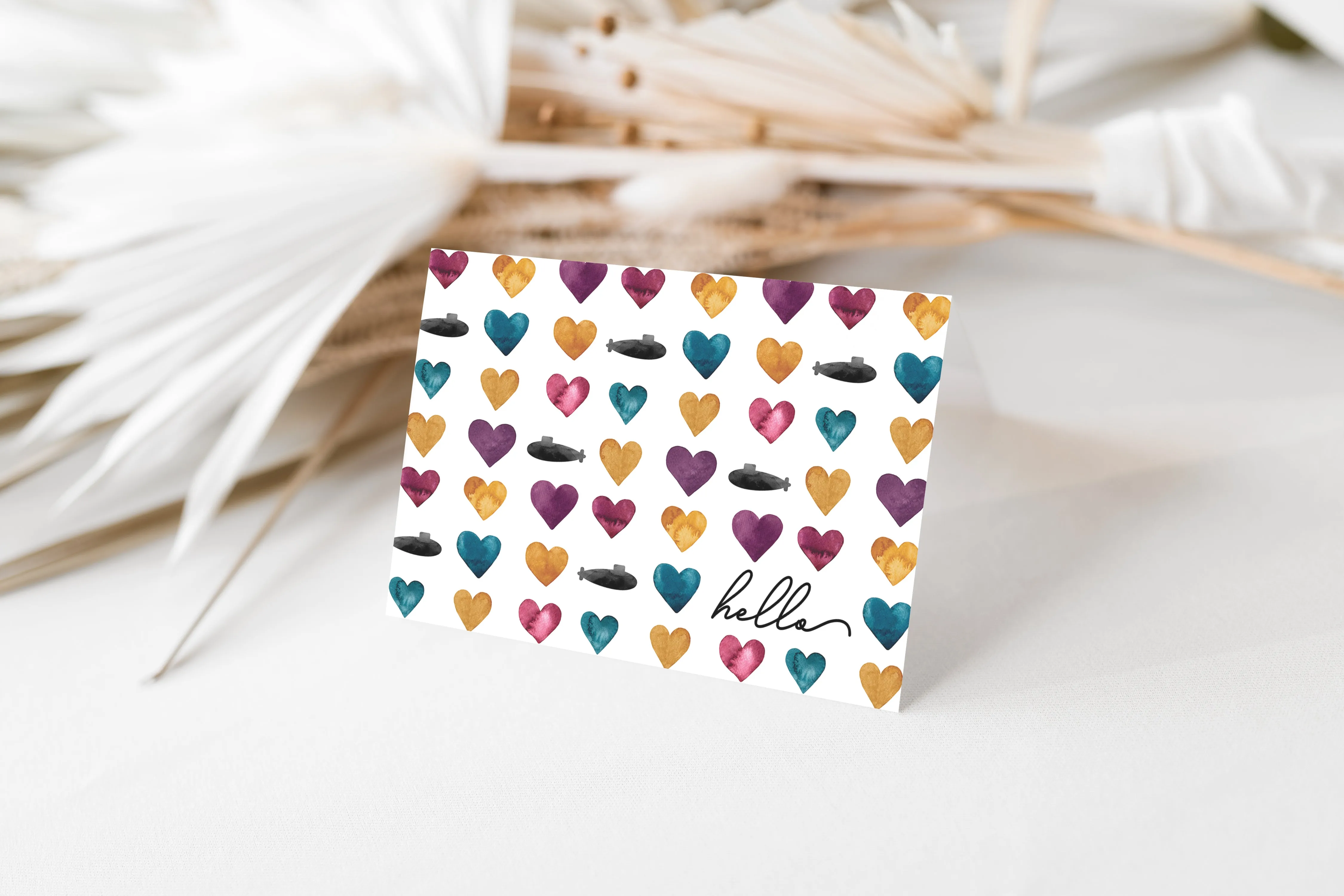 Watercolor Hearts and Submarines Greeting Card