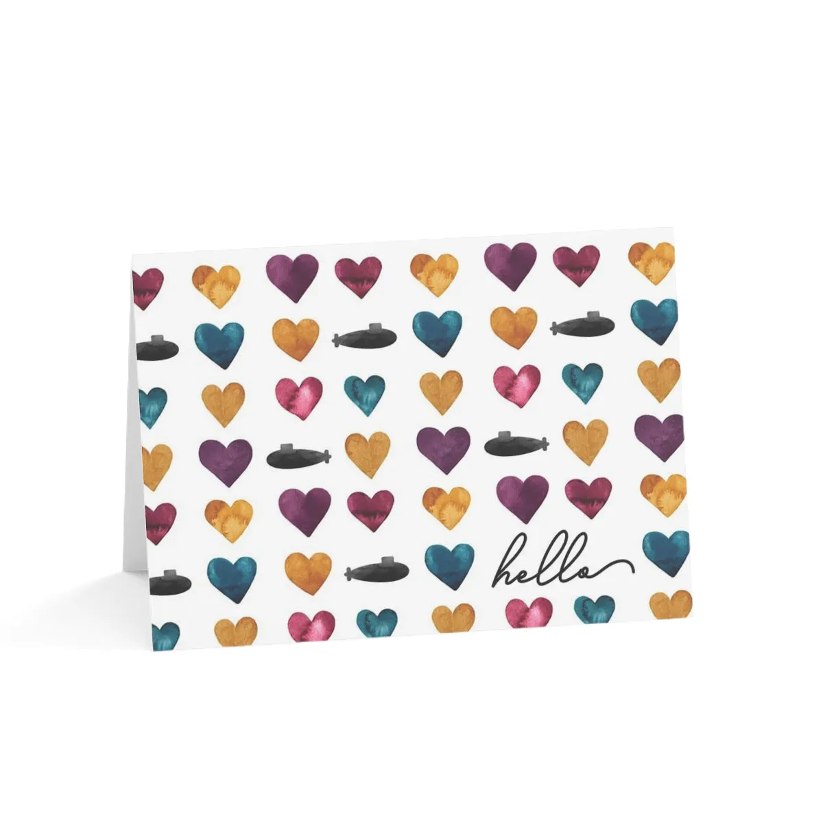 Watercolor Hearts and Submarines Greeting Card