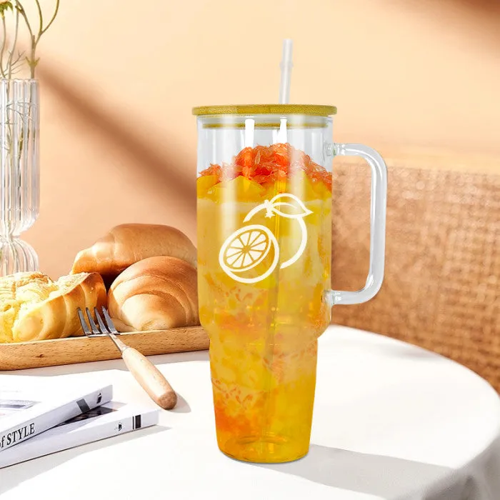 Water/Loaded Tea Glass With Bamboo Lid, Handle, And Straw