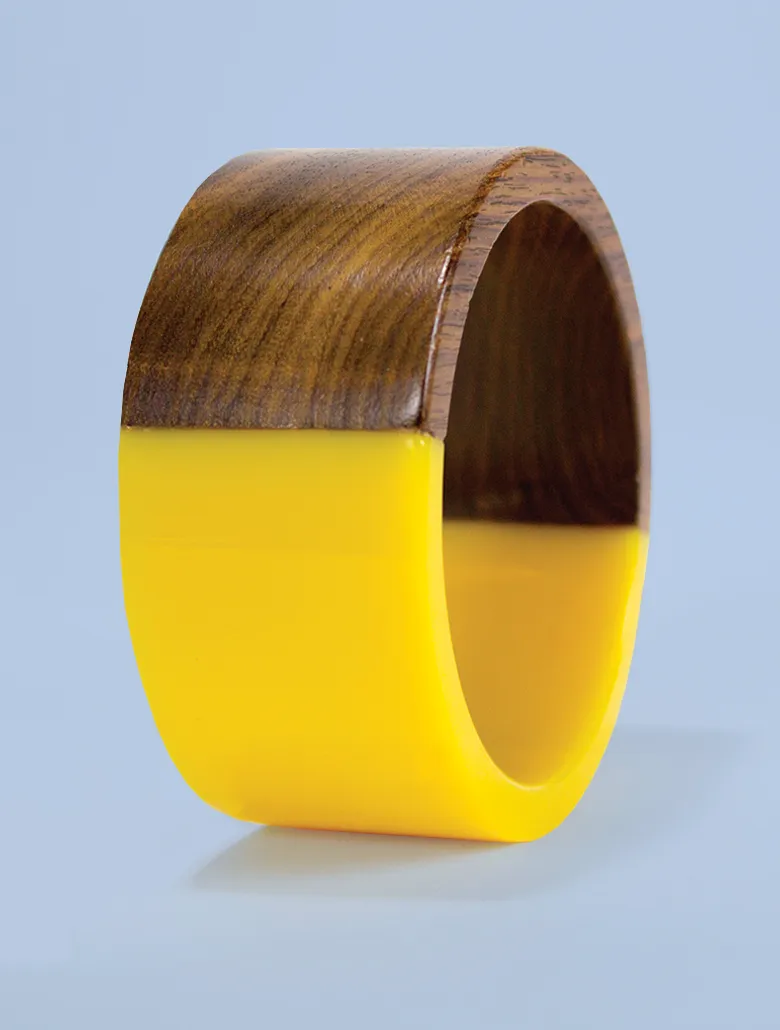 Wide Yellow Resin and Wood Bracelet