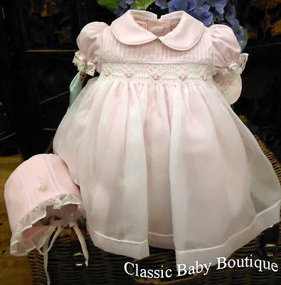 Will'beth 'RETIRED' Girls Pink Sheer Overlay Rose Smocked Dress with Bonnet Preemie Newborn 3 6 9 Months