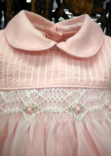 Will'beth 'RETIRED' Girls Pink Sheer Overlay Rose Smocked Dress with Bonnet Preemie Newborn 3 6 9 Months