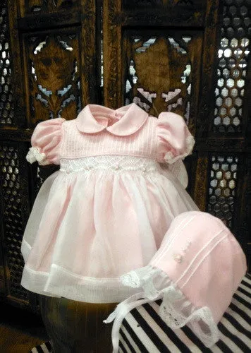 Will'beth 'RETIRED' Girls Pink Sheer Overlay Rose Smocked Dress with Bonnet Preemie Newborn 3 6 9 Months