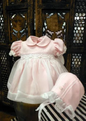 Will'beth 'RETIRED' Girls Pink Sheer Overlay Rose Smocked Dress with Bonnet Preemie Newborn 3 6 9 Months