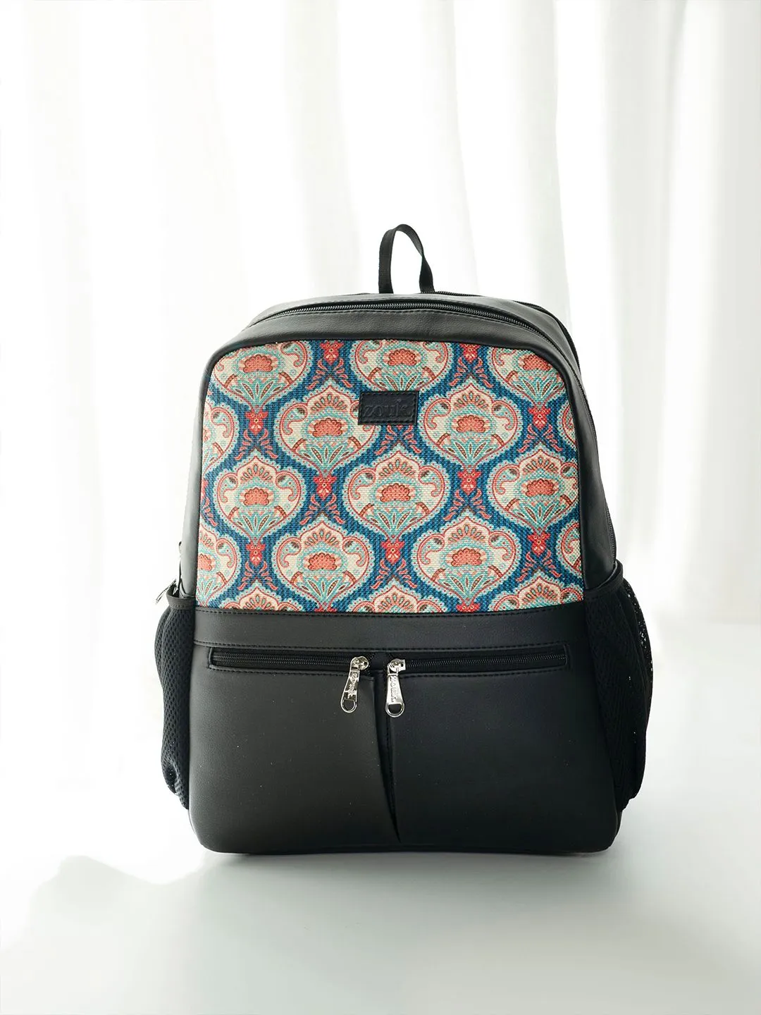 ZOUK Women Ethnic Printed Vegan Leather Backpack With Compression Straps-Up to 16 inch